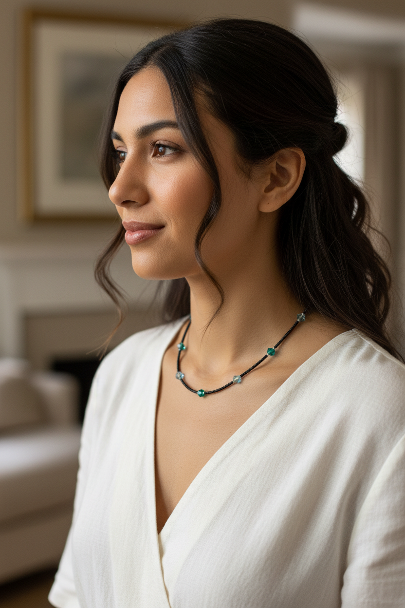 Woman wearing a necklace in an indoor setting