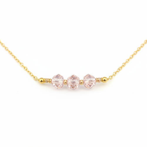 Blush Glow Necklace - Faceted blush-pink beads centered on a delicate gold chain