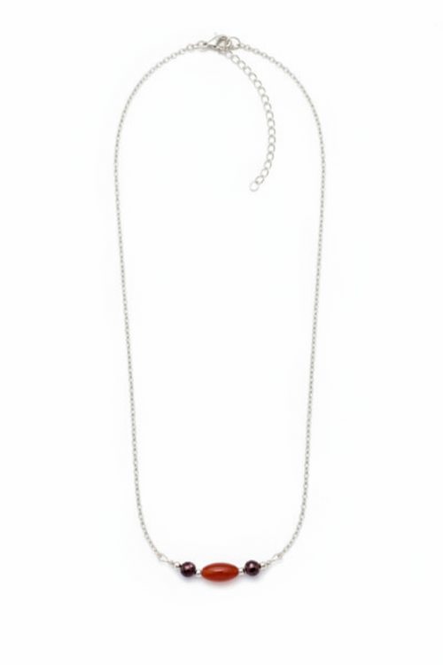 Carnelian Necklace - A delicate silver-tone necklace with deep crimson-red glass beads for a warm, romantic pop of color.