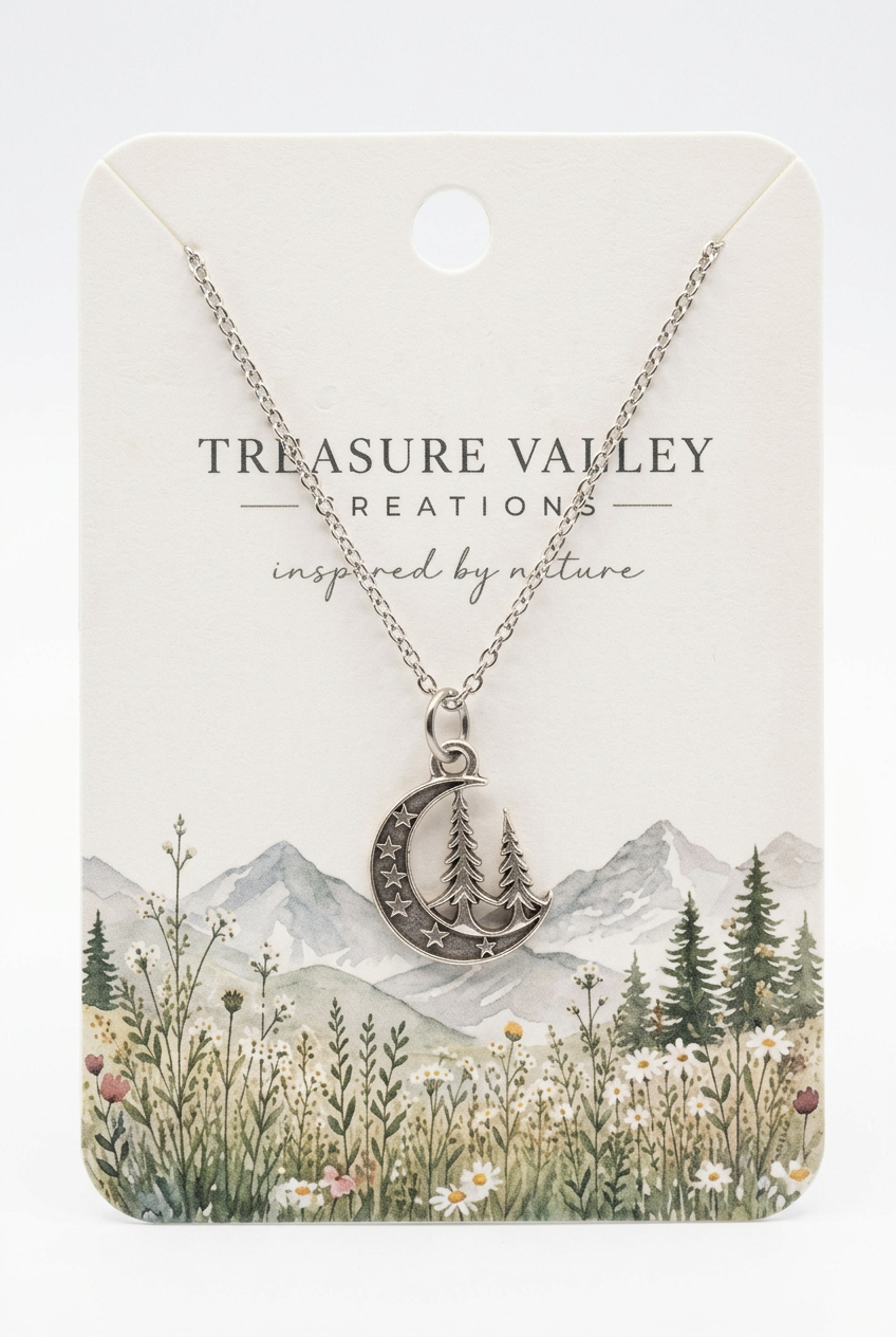 Treasure Valley Creations silver crescent moon necklace with a tree design, displayed on a cream-colored backing card featuring a mountain and wildflower illustration.