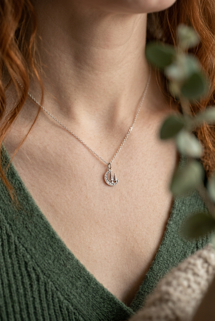 A close-up lifestyle shot of a delicate silver necklace with a small crescent moon pendant featuring tiny clear stones, worn by a model in a green knit top with blurred green leaves in the foreground.