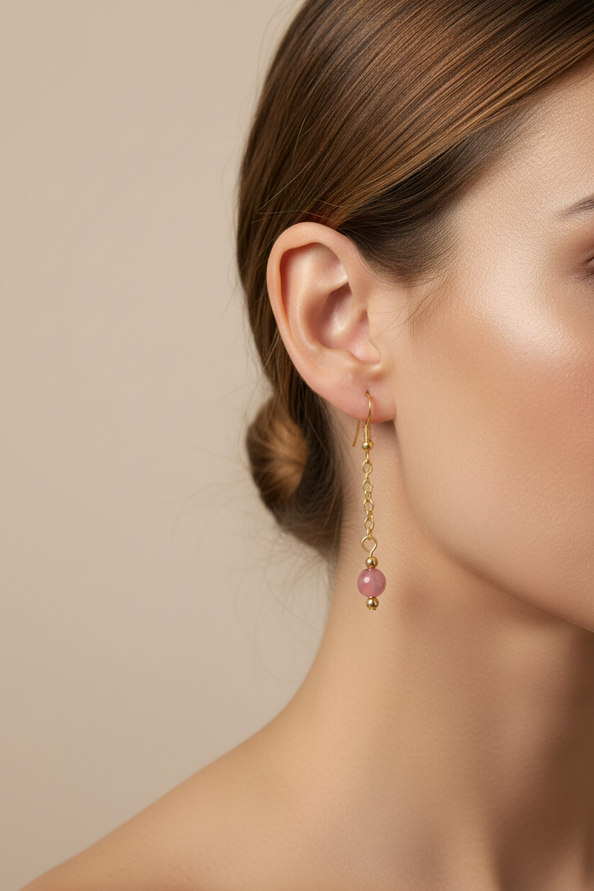 Gold dangle earrings with a small pink bead at the bottom, displayed against a black background.