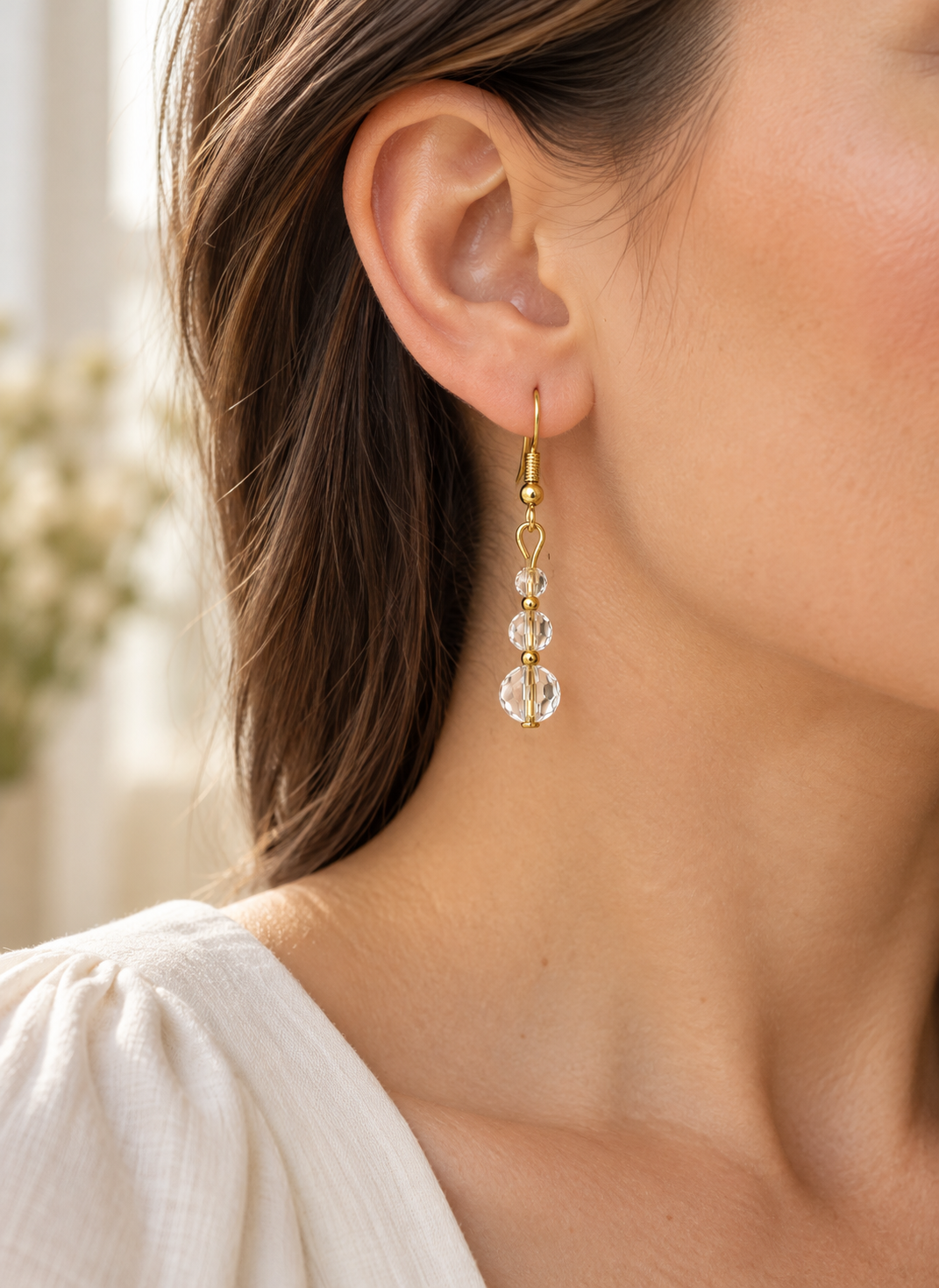 Clear Faceted Crystal Bead Dangle Earrings | 18K Gold-Plated Ear Hooks