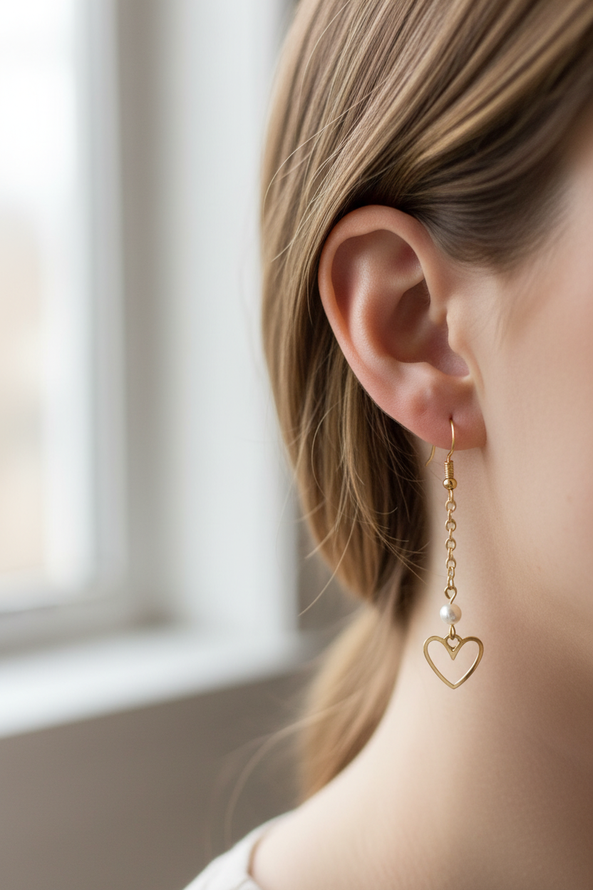 A close-up side view of a woman's ear wearing a delicate gold dangle earring with a small white pearl and an open heart-shaped charm, against a softly blurred window background.