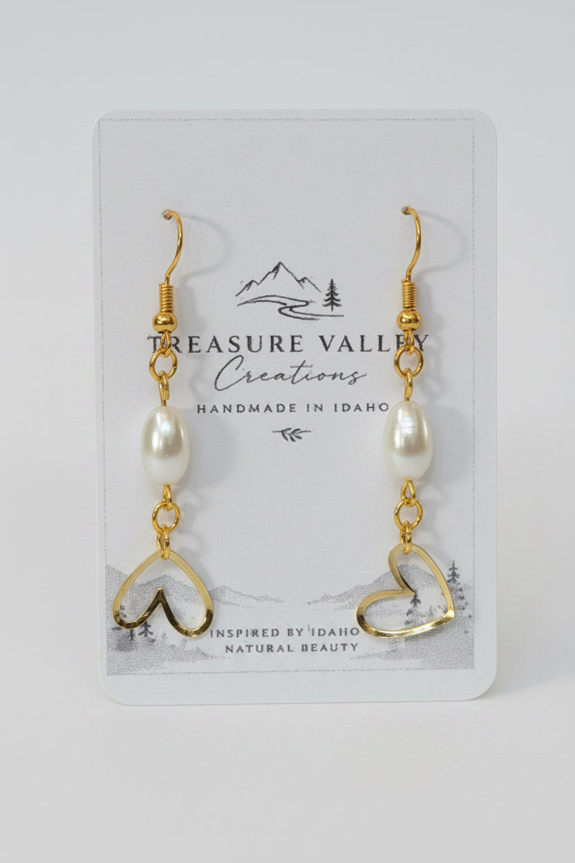 Gold Heart Charm and Freshwater Pearl Earrings