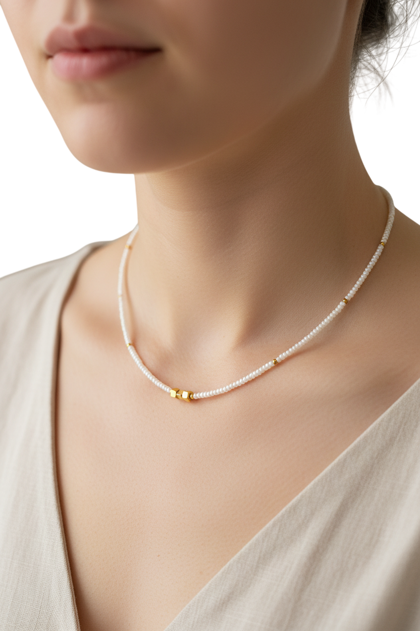Pearl necklace with gold accents worn by a model against a neutral background