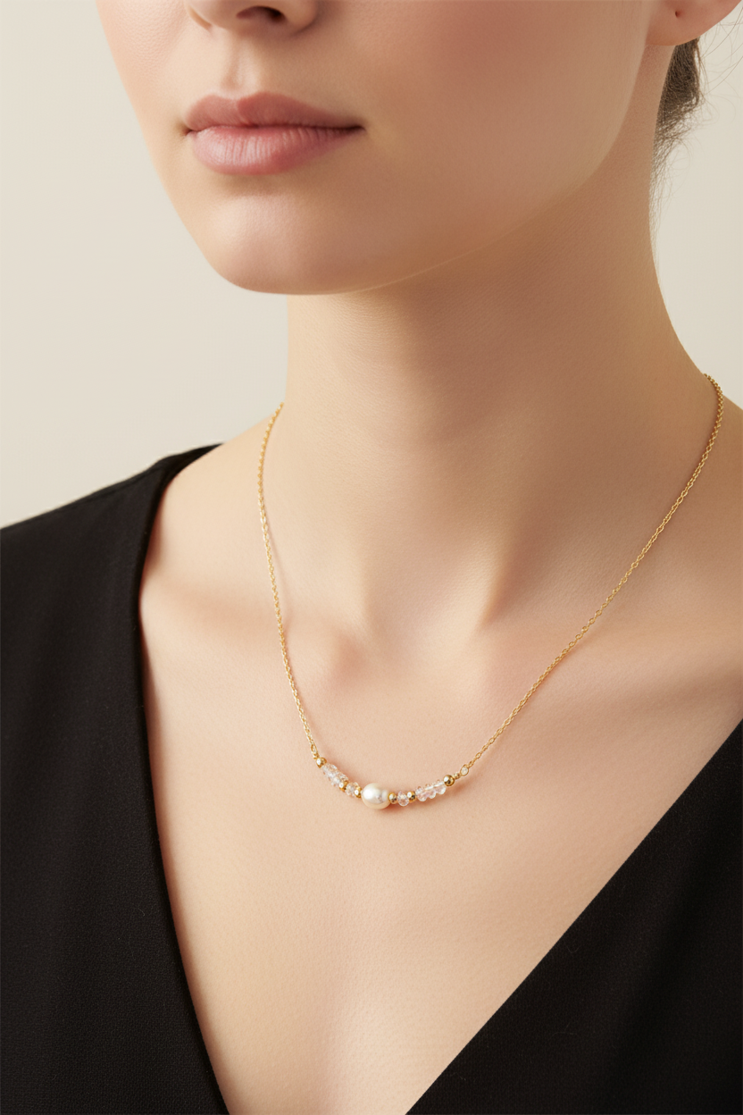 Gold necklace worn by a person against a neutral background