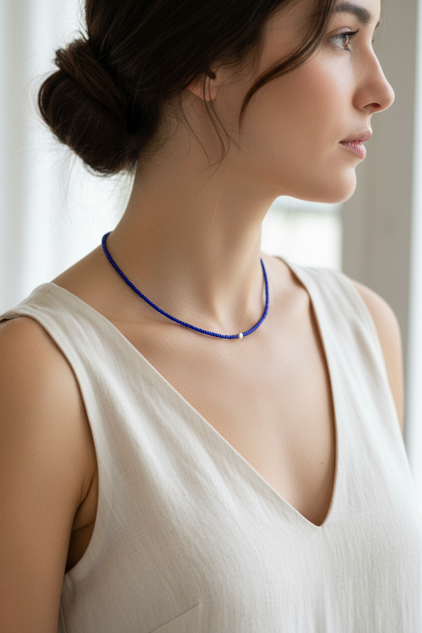 Woman wearing a blue necklace in a softly lit room