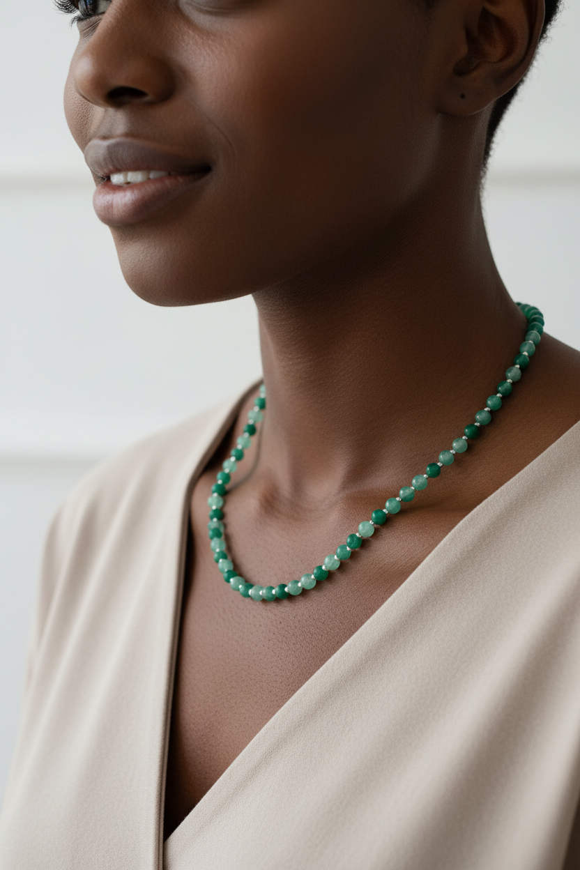 Woman wearing a green beaded necklace against a neutral background