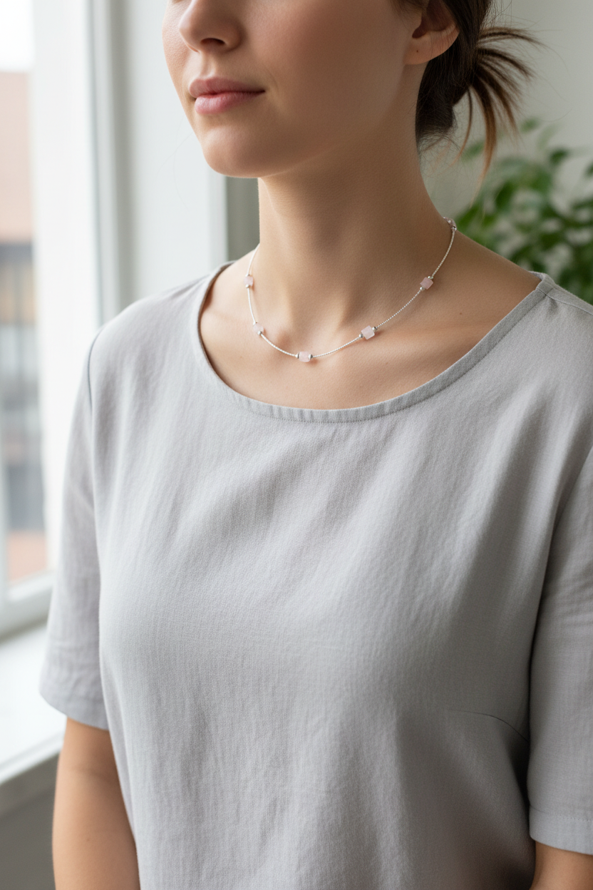 Woman wearing a light gray shirt and a delicate necklace indoors.