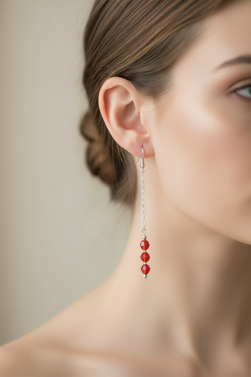 Crimson Bloom Earrings -  Crimson-red faceted beads suspended from delicate silver chains.