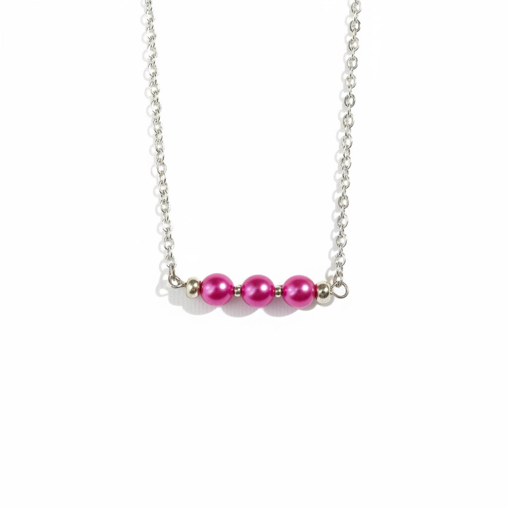 Peony Bloom Necklace, Silver -  Delicate silver chain accented with a row of vibrant raspberry-pink glass beads.