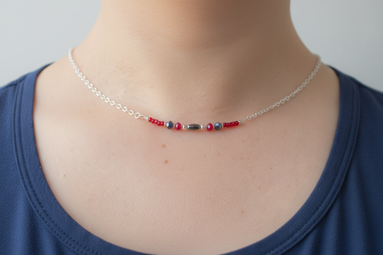 Crimson and Blue Necklace - A delicate silver-tone necklace with red and deep blue bead accents for a festive, colorful pop of sparkle.