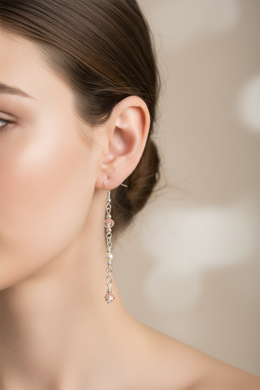 Blush Crystal Earrings - Soft pink and clear faceted beads suspended from delicate silver chain.