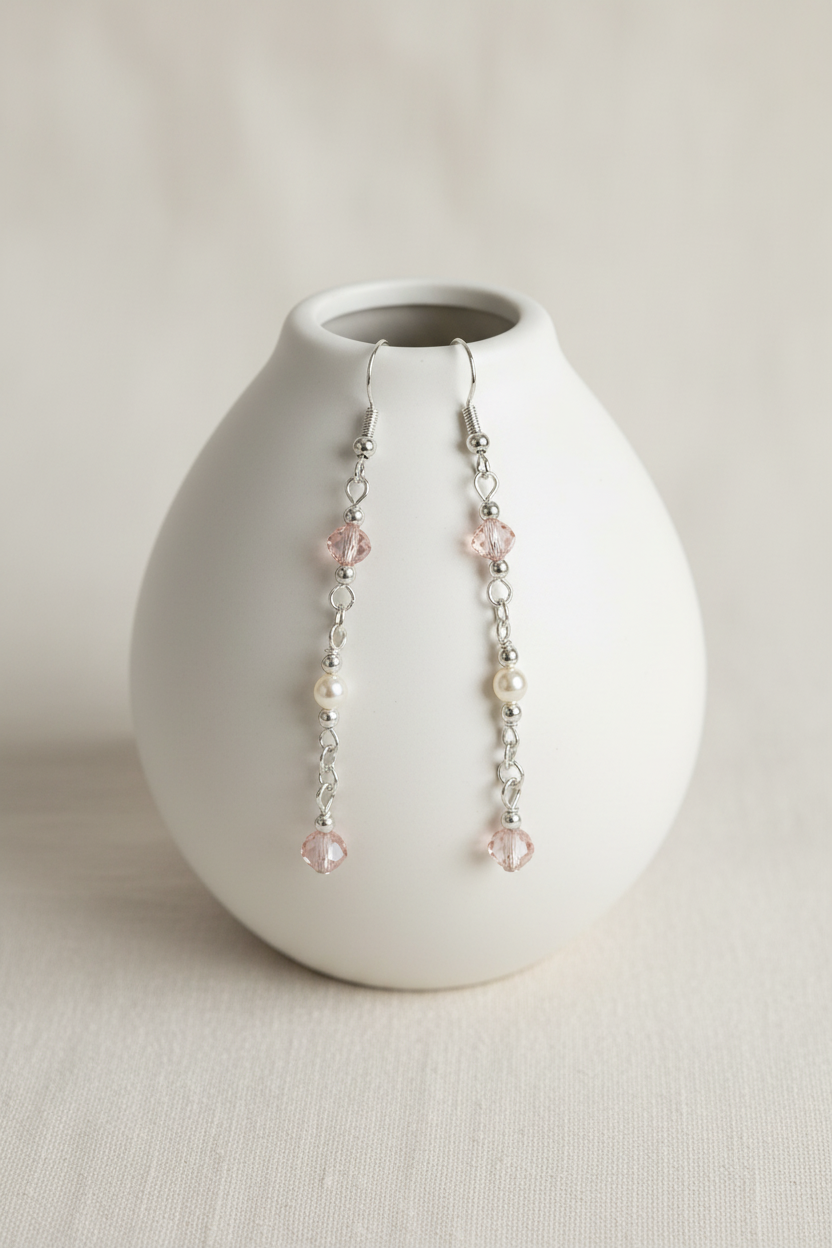 Blush Crystal Earrings - Soft pink and clear faceted beads suspended from delicate silver chain.