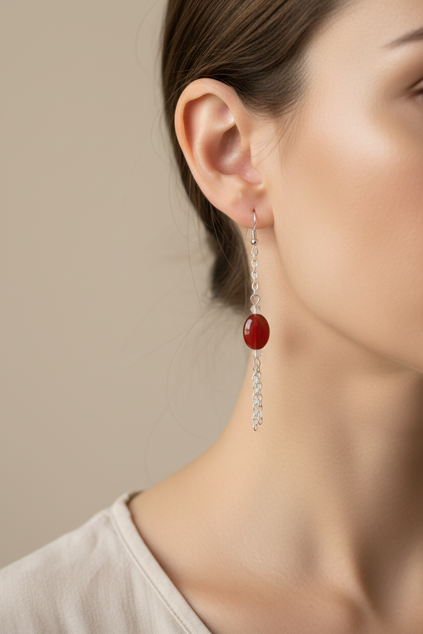 Carnelian Cascade Earrings - Silver-tone drop earrings with deep crimson beads, clear accents, and delicate chain fringe for a romantic pop of color.