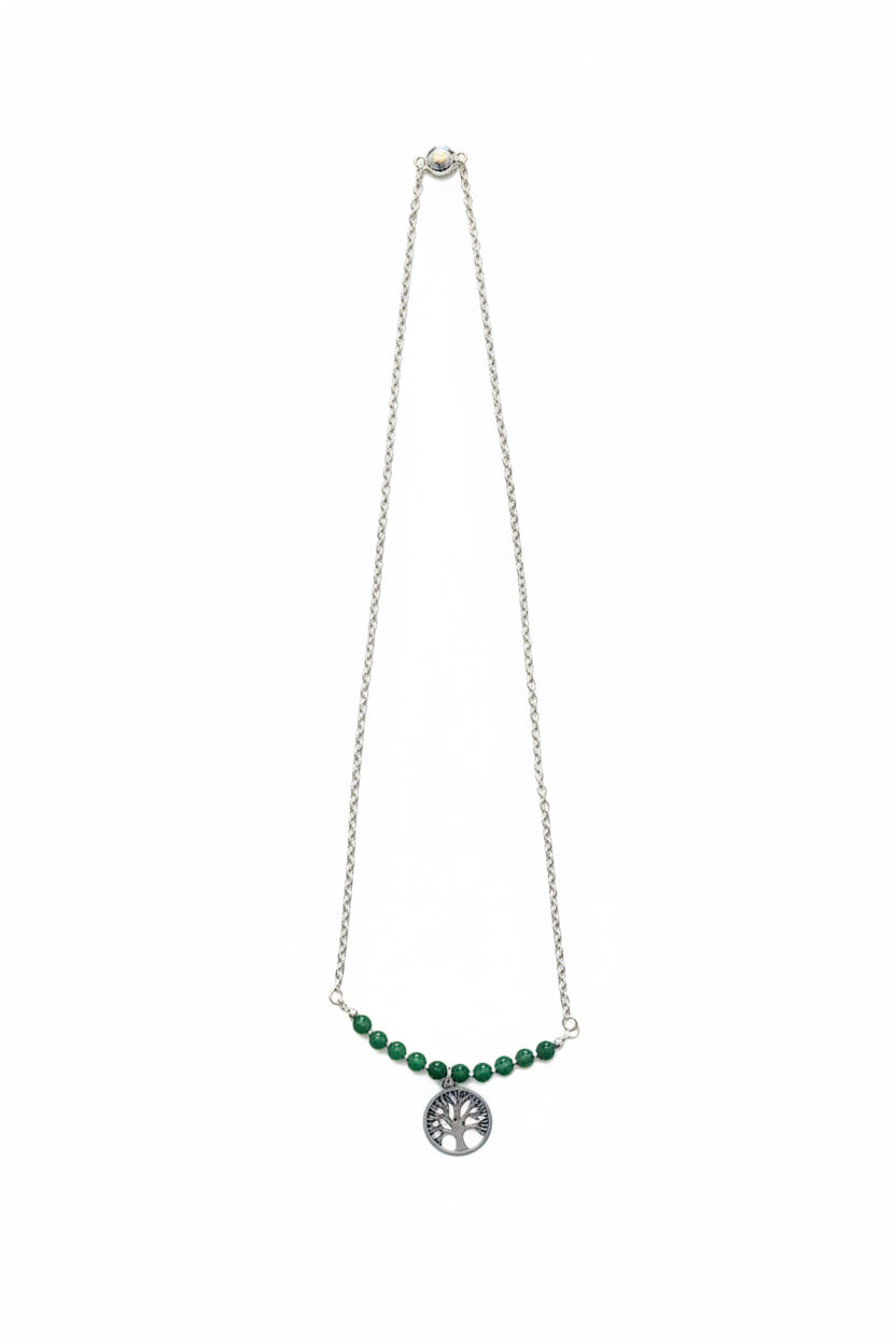 Emerald Roots Necklace - Silver-tone tree charm and green aventurine beads on a delicate silver-tone chain