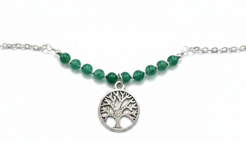 Emerald Roots Necklace - Silver-tone tree charm and green aventurine beads on a delicate silver-tone chain