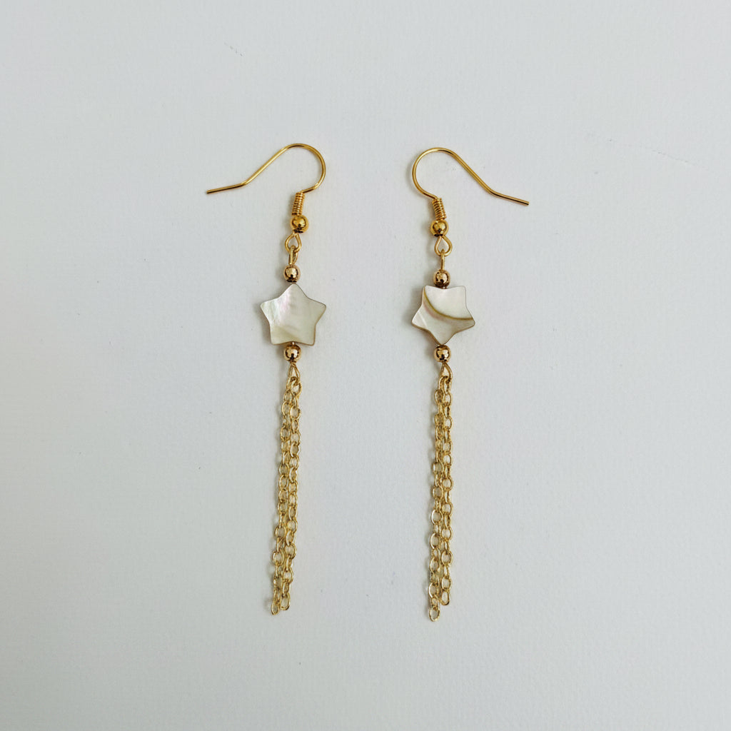 Shell Star Cascade Earrings - Mother-of-Pearl beads paired with delicate gold-tone chain tassels.
