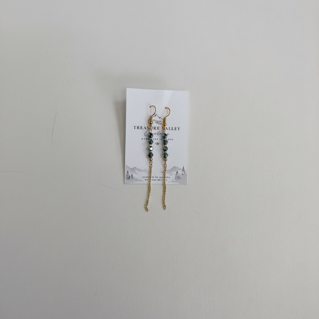 Stormlight Earrings - Smoky blue-grey faceted beads and delicate gold-tone chain.