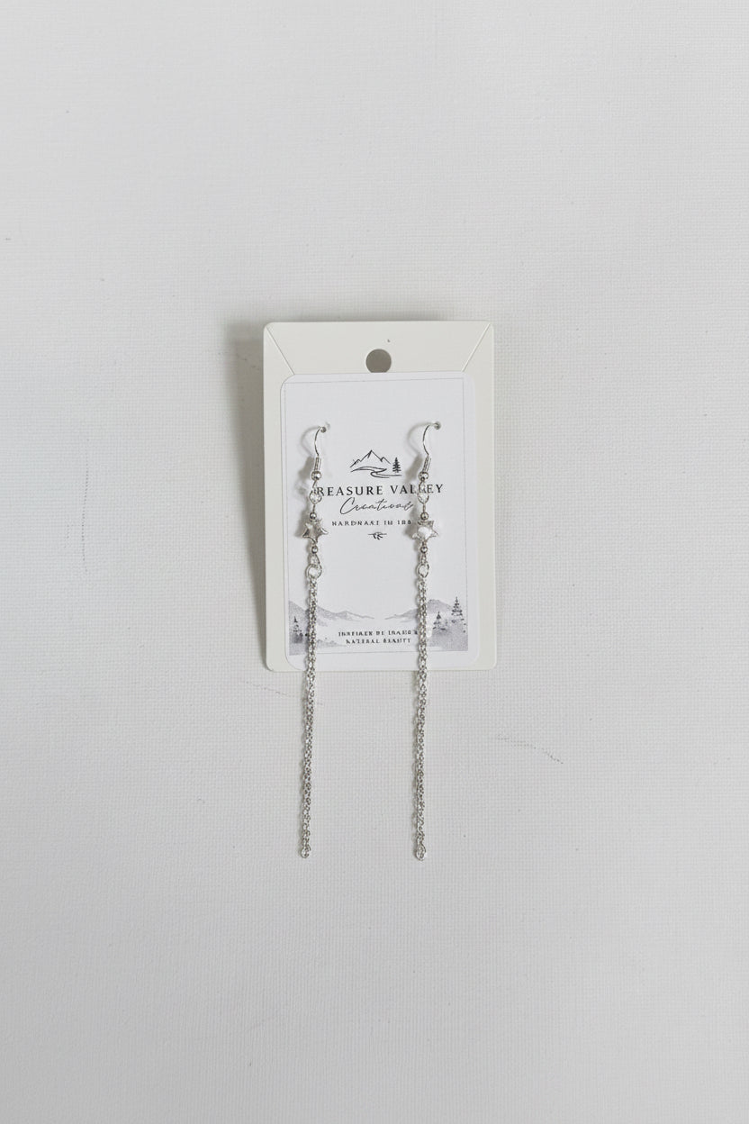 Silver Star Cascade Earrings -Silver star focal bead suspending delicate silver-tone chain.