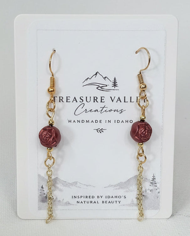 Rose Drop Earrings - Delicate gold-tone chain suspended from rose floral bead.