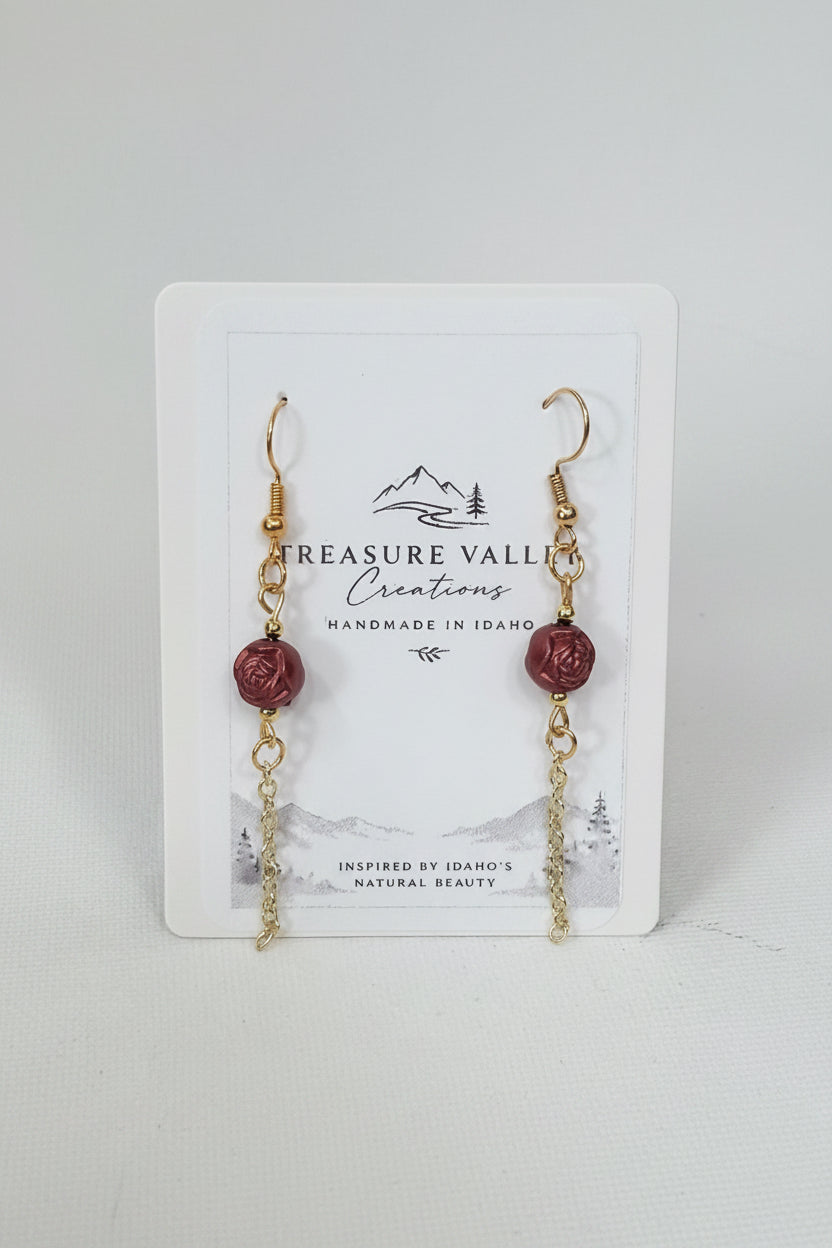 Rose Drop Earrings - Delicate gold-tone chain suspended from rose floral bead.