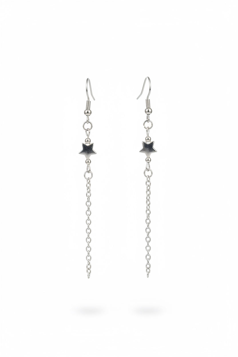 Silver Star Cascade Earrings -Silver star focal bead suspending delicate silver-tone chain.