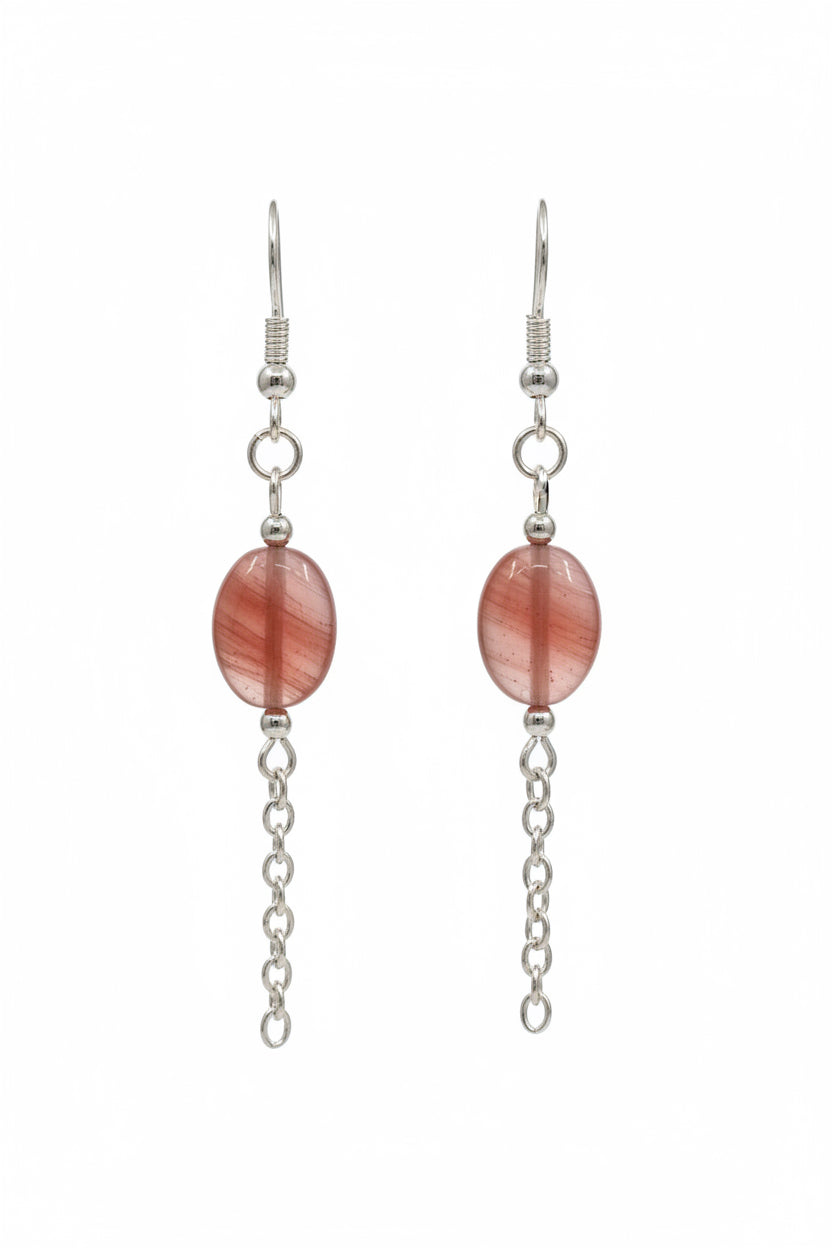 Carnelian Cascade Earrings - Silver-tone drop earrings with deep crimson beads, clear accents, and delicate chain fringe for a romantic pop of color.