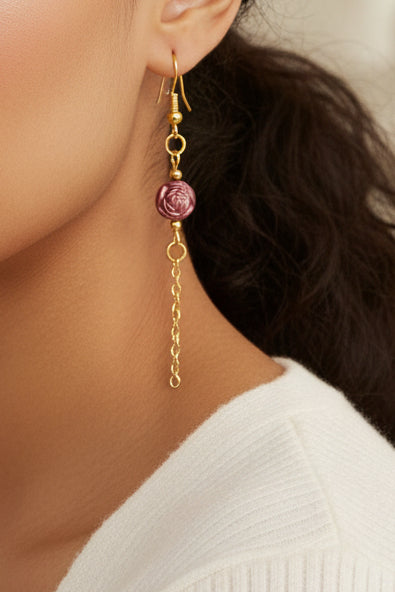Rose Drop Earrings - Delicate gold-tone chain suspended from rose floral bead.