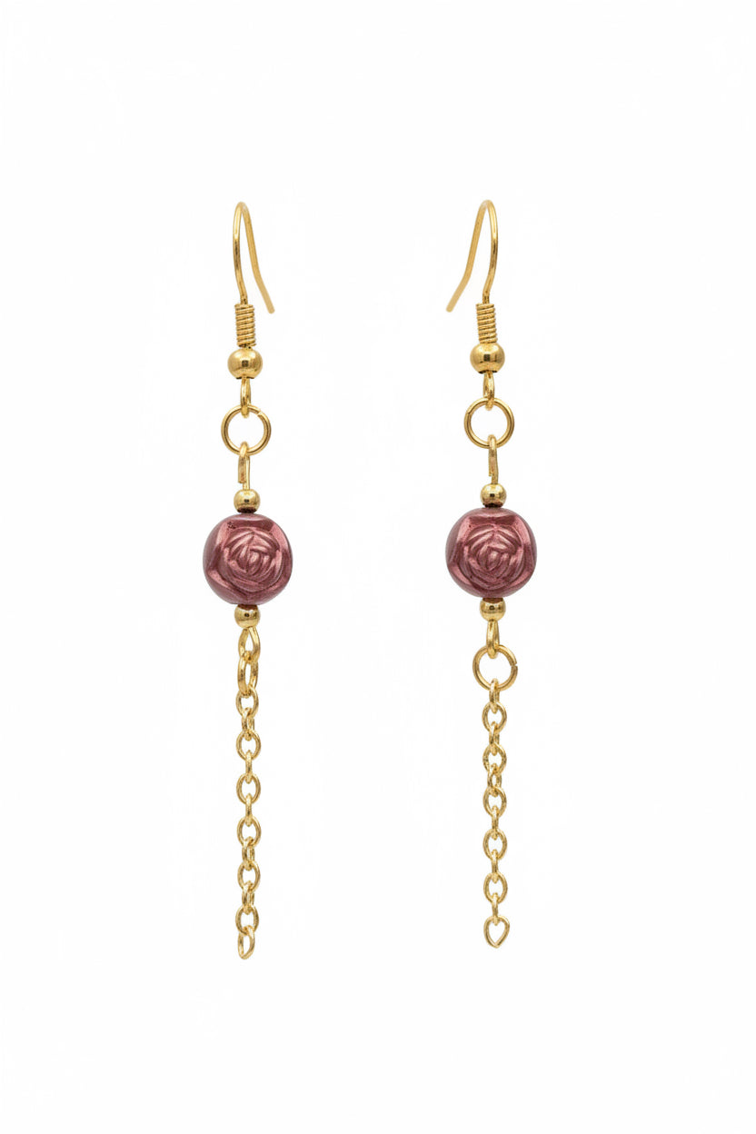 Rose Drop Earrings - Delicate gold-tone chain suspended from rose floral bead.