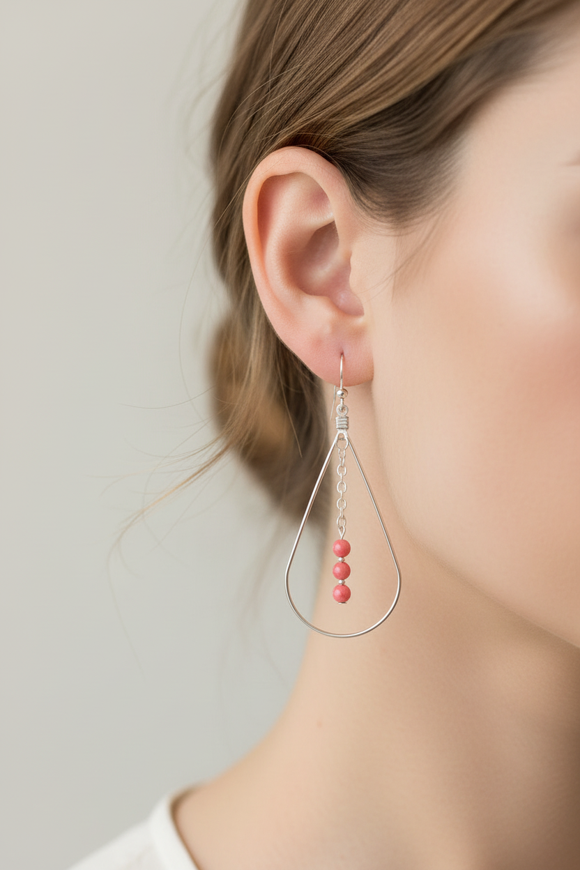 Coral Glass Bead Teardrop Hoop Earrings