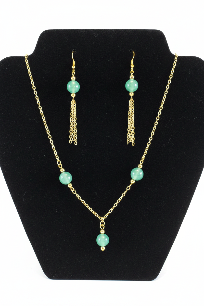 Green Aventurine Drop Earrings | Green Bead and Gold Chain Tassel Earrings
