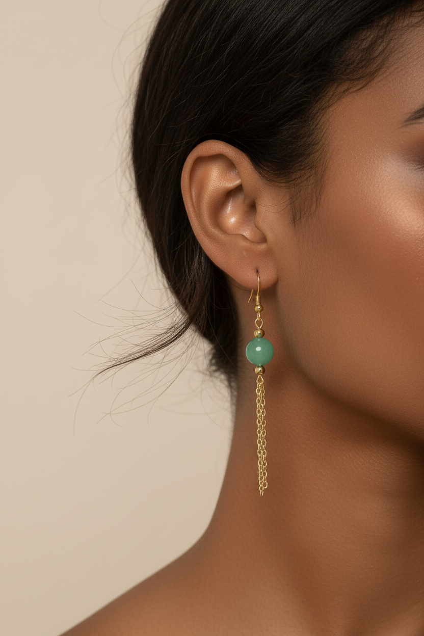 Green Aventurine Drop Earrings | Green Bead and Gold Chain Tassel Earrings