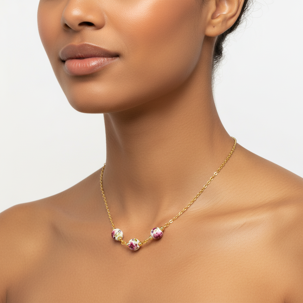 Hand-Painted Cherry Blossom Porcelain Necklace | Floral Bead and Gold-Tone Necklace