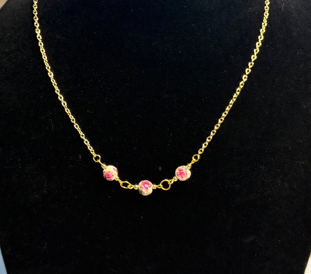 Hand-Painted Cherry Blossom Porcelain Necklace | Floral Bead and Gold-Tone Necklace