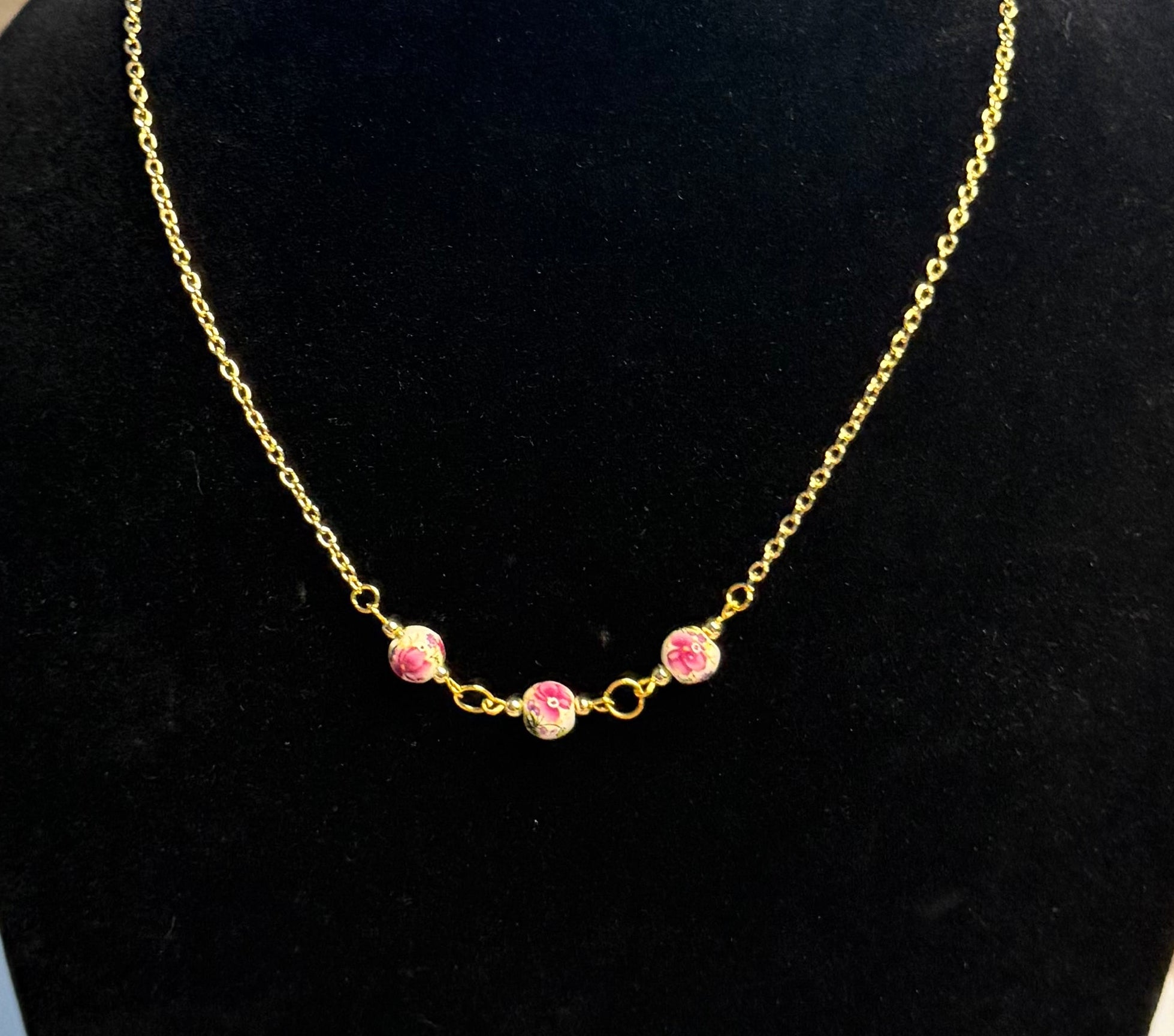 Hand-Painted Cherry Blossom Porcelain Necklace | Floral Bead and Gold-Tone Necklace