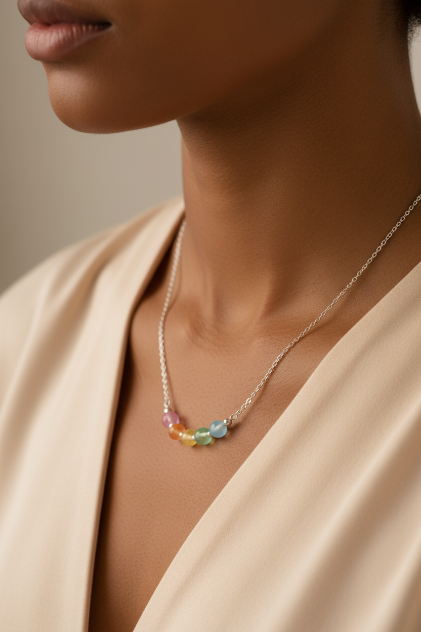 Rainbow Glass Bead Silver-Tone Necklace