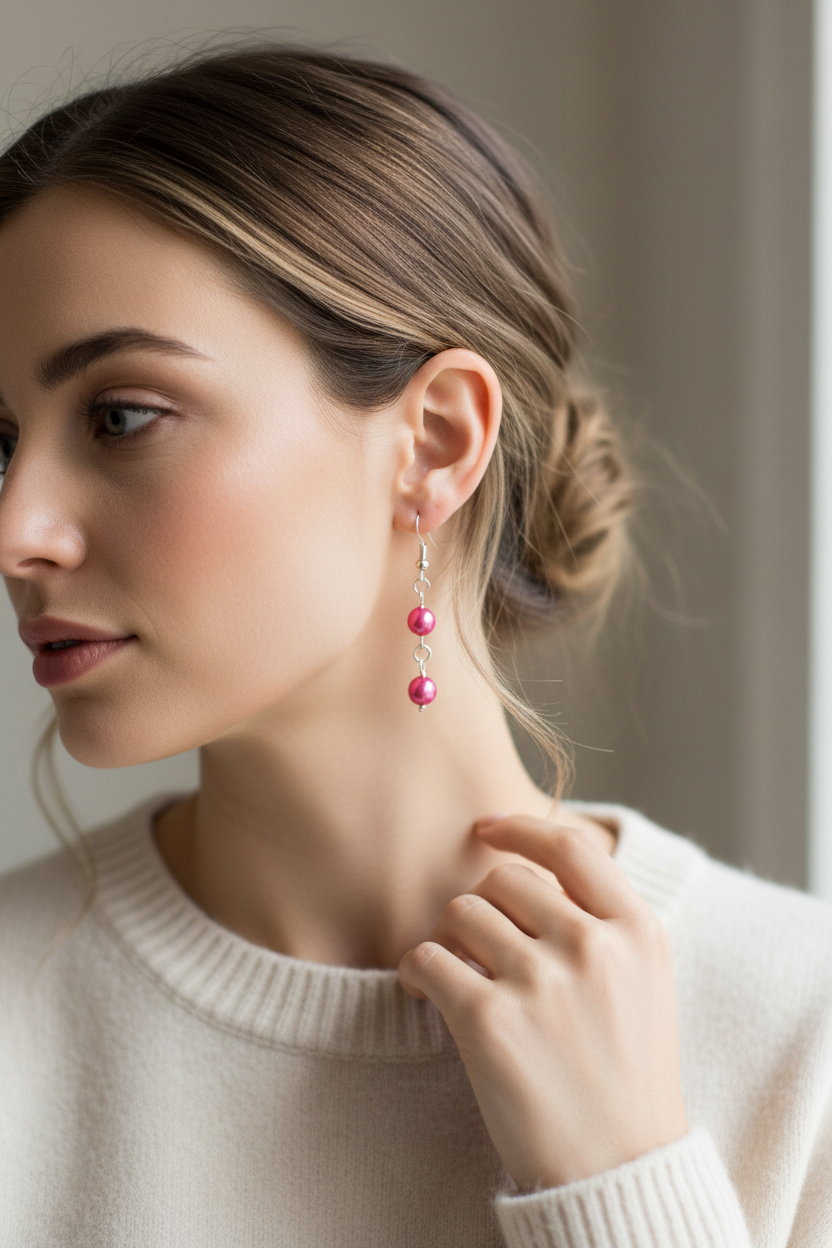A close-up lifestyle shot of a woman wearing a dangling earring with two pink beads and a silver-toned top loop, paired with a cream-colored knit sweater.