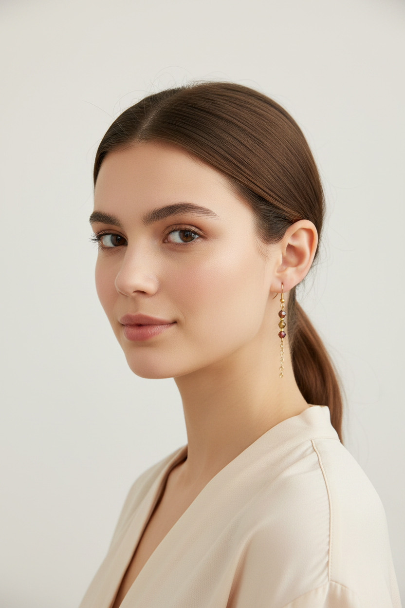A woman with brown hair pulled back wears a delicate gold dangle earring with reddish-brown bead accents, photographed against a clean light gray background.