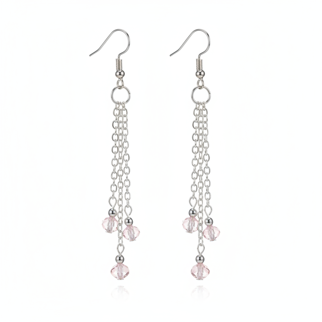 A pair of silver-toned dangle earrings with multiple chain strands and small faceted pink beads, shown on a clean white background.