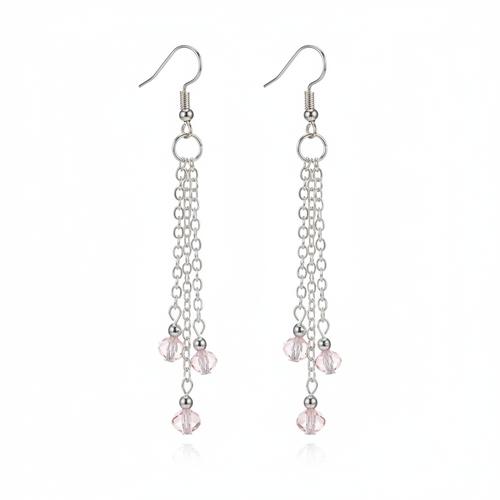 A pair of silver-toned dangle earrings with multiple chain strands and small faceted pink beads, shown on a clean white background.
