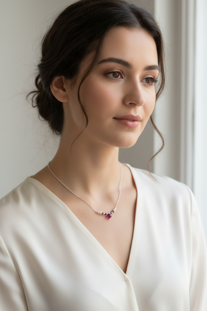 A woman with dark hair styled in an updo wears a delicate silver necklace with a small cluster of pink gemstones and a central teardrop-shaped red stone, paired with a cream satin V-neck top.