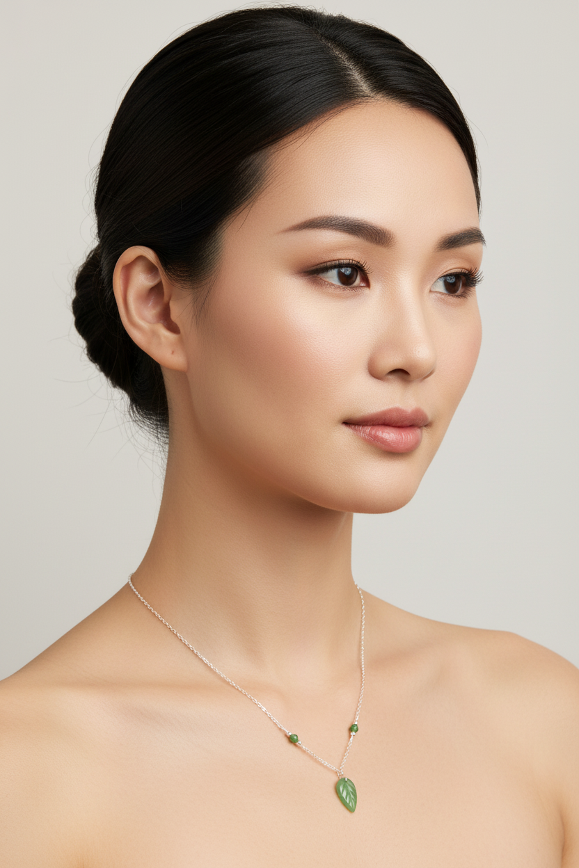A woman wears a delicate silver necklace featuring a green leaf-shaped pendant and small green stones, set against a solid light gray background.