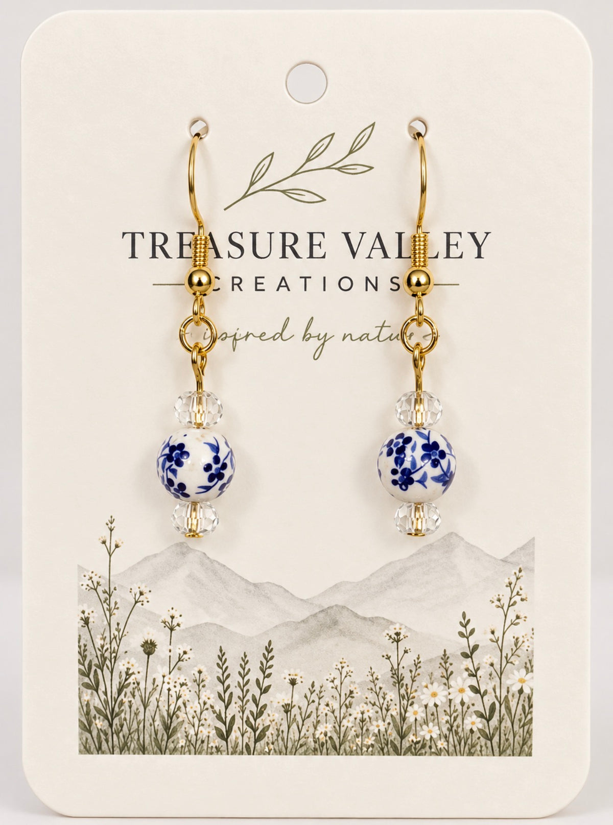 Blue & White Floral Dangle Earrings | 18k plated hypoallergenic