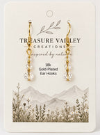 Treasure Valley Creations gold-plated ear hooks with clear faceted crystal drops, displayed on a cream-colored branded card with a mountain and wildflower illustration.