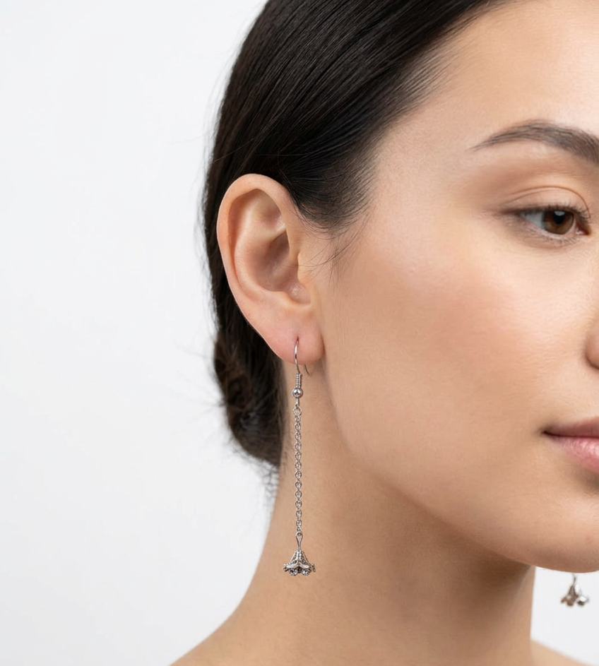 Silver Bellflower Dangle Earrings | Delicate Chain Drop Earrings