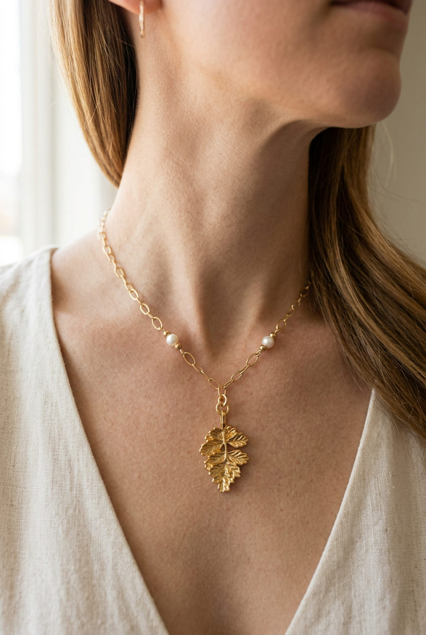 Golden Woodland Leaf Necklace | Gold-Tone Chain with Pearl Accents