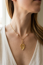 Golden Woodland Leaf Necklace | Gold-Tone Chain with Pearl Accents