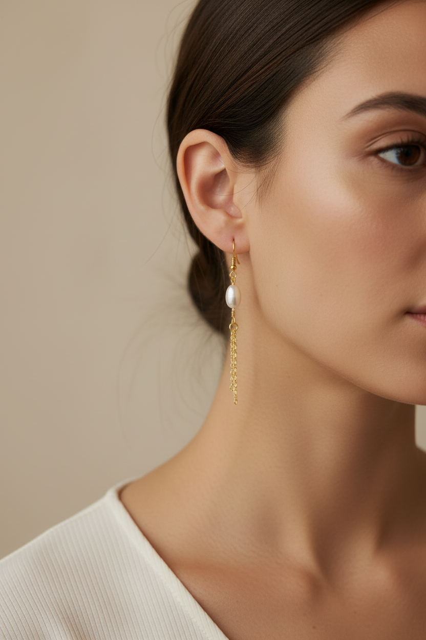 Close-up of a woman wearing gold earrings with a neutral background